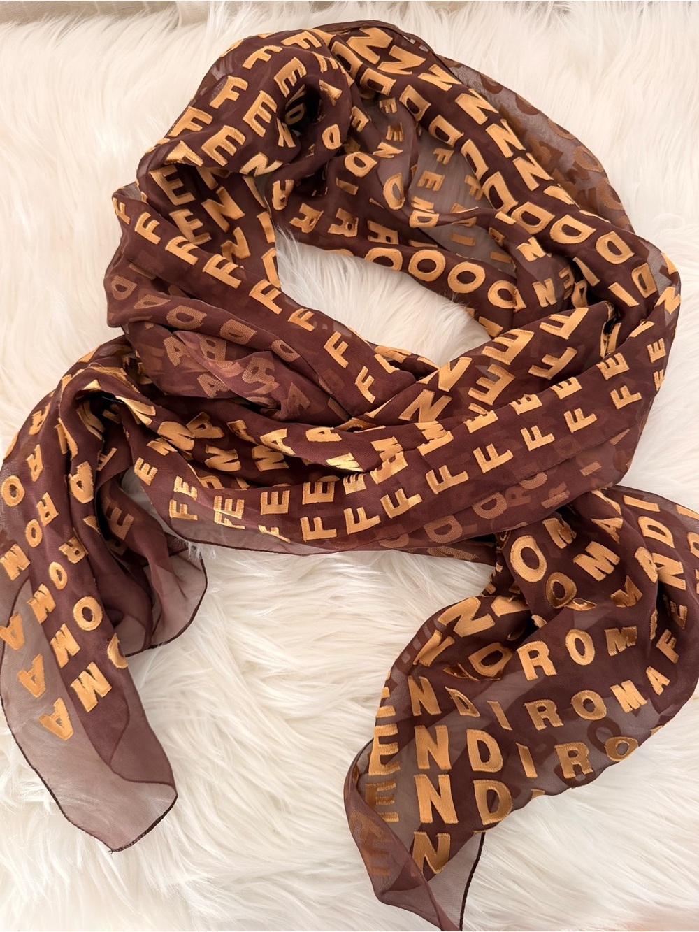 Authentic Fendi Brown and Gold Logo-Print Silk Scarf